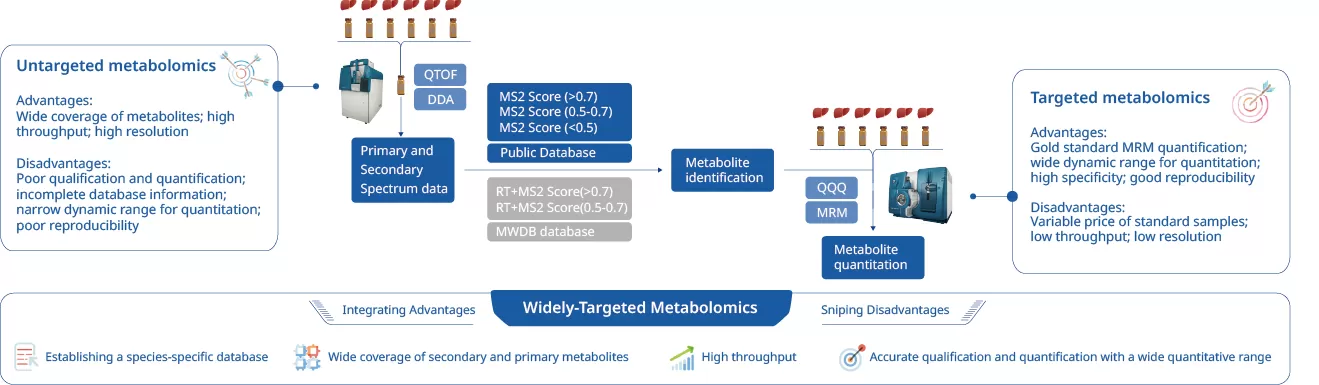 Conceptual comparison of untargeted, targeted, and widely-targeted metabolomics approaches showing analytical workflow differences